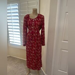 VNTG‎ Red Ditsy floral midi long sleeves 80’s Prairie Cottage Core Dress size 8